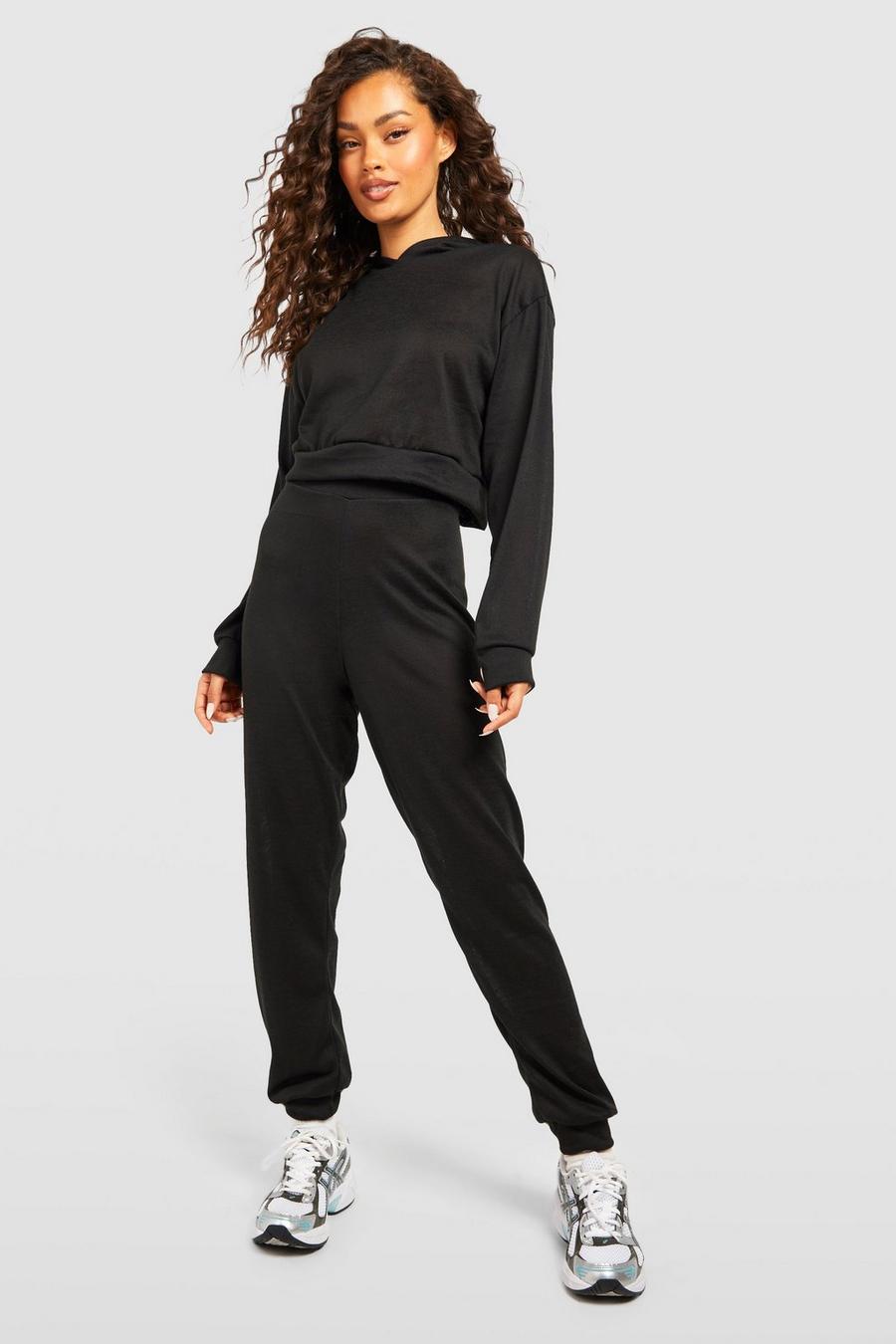 Black Melange Knitted Hoody And Track Pants Co-Ord Set image number 1