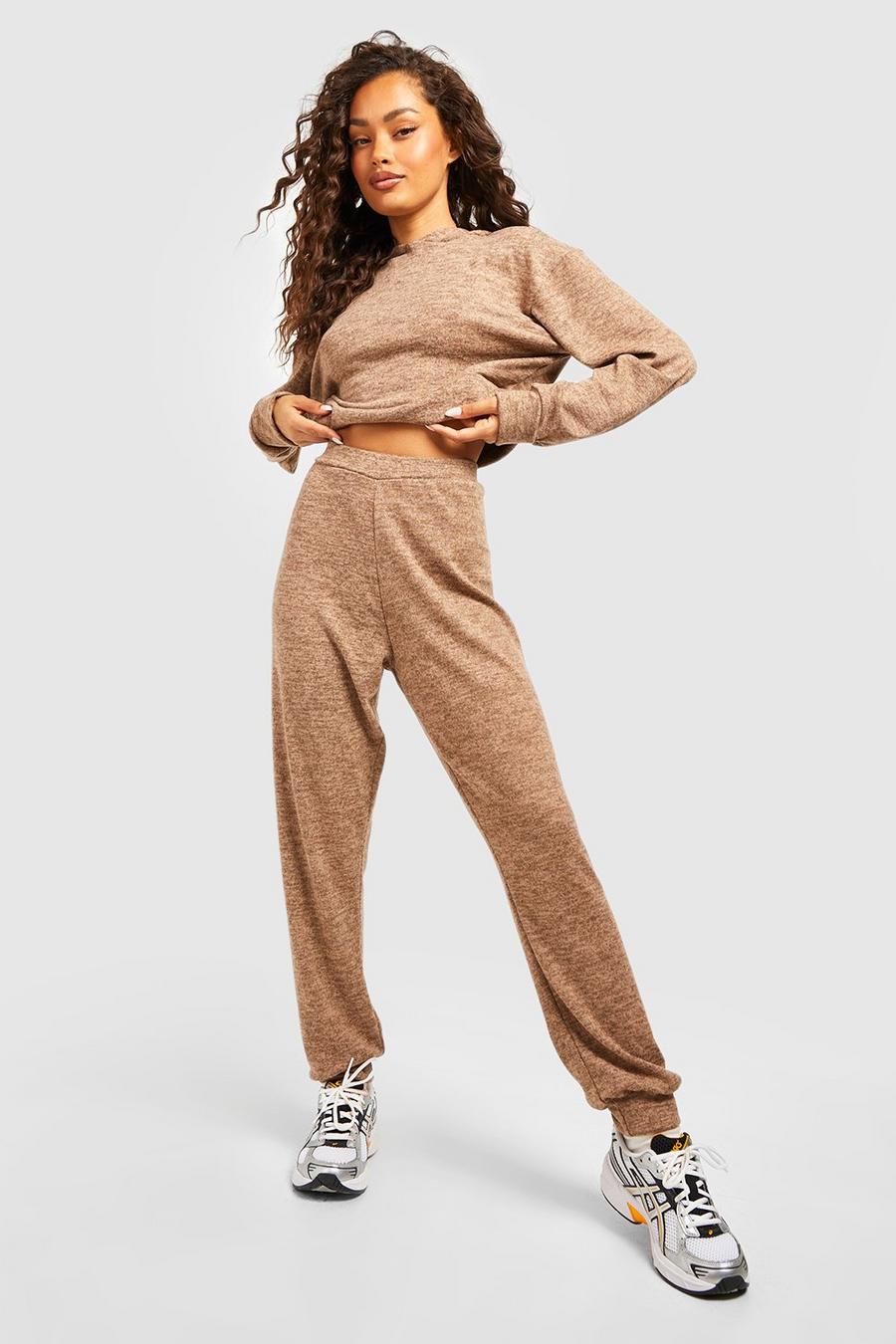 Camel Melange Knitted Hoody And Jogger Two-Piece Set image number 1