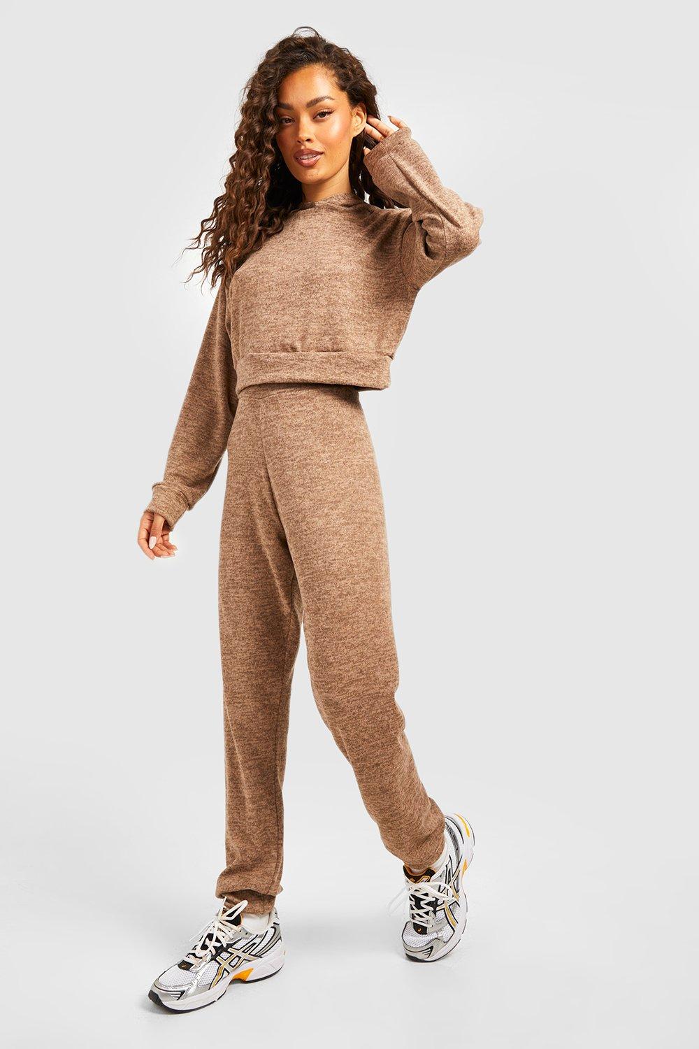 Boohoo Melange Knitted Hoody And Track Pant Co-ord Set in Camel Natural Womens Clothing Suits 