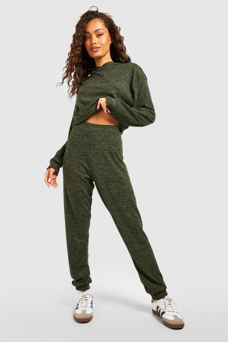 Khaki Melange Knitted Hoody And Track Pants Co-Ord Set image number 1