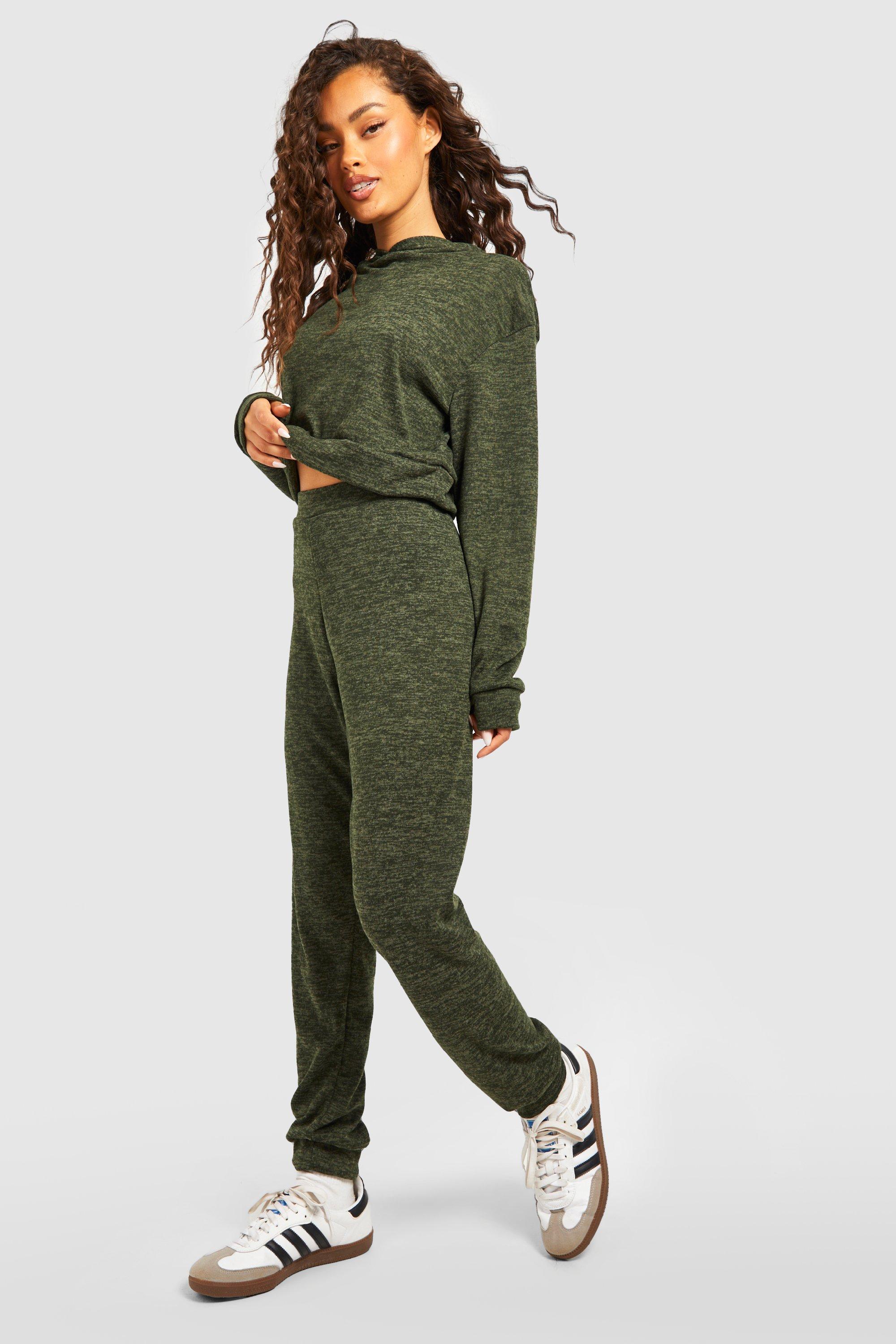 Women's Khaki Melange Knitted Hoody And Jogger Co-ord Set