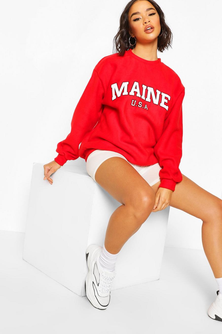 Oversized Pullover aus Teddy Fleece mit Maine-Slogan, Rot image number 1