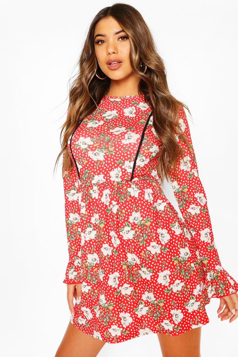 Floral Print Smock Dress With Lace Insert image number 1