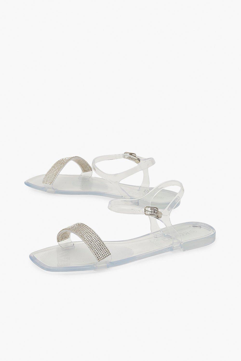 Clear Diamante Strap Square Toe Jelly Sandals Boohoo UK