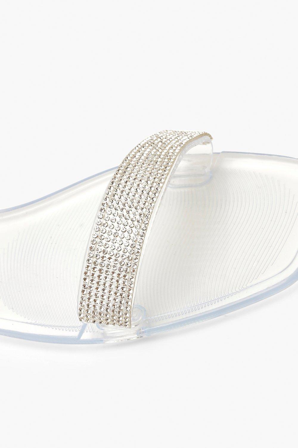 Clear Diamante Strap Square Toe Jelly Slides