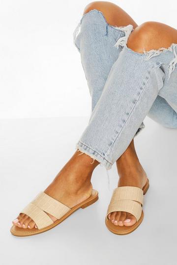 Cream White Croc Peep Toe Sliders