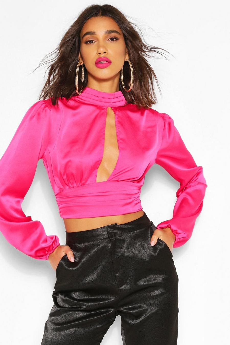 Pink High Neck Cut Out Blouson Blouse image number 1