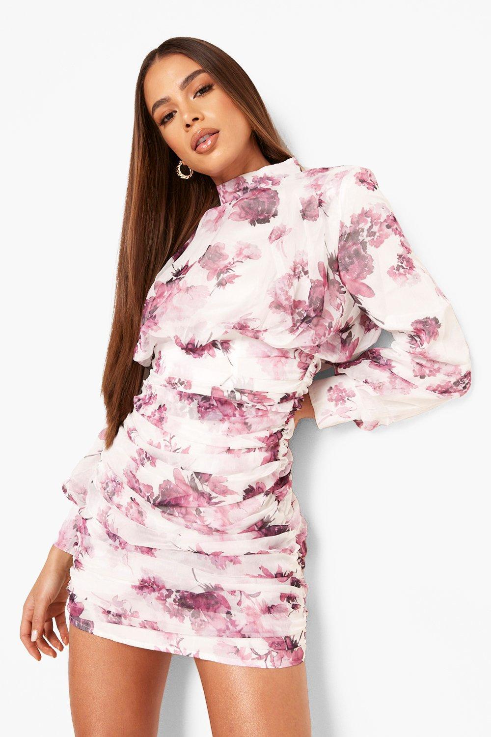 High Neck Floral Ruched Mini Dress boohoo IE