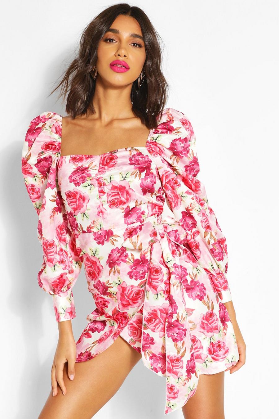 Pink Floral Puff Sleeve Drape Wrap Dress image number 1