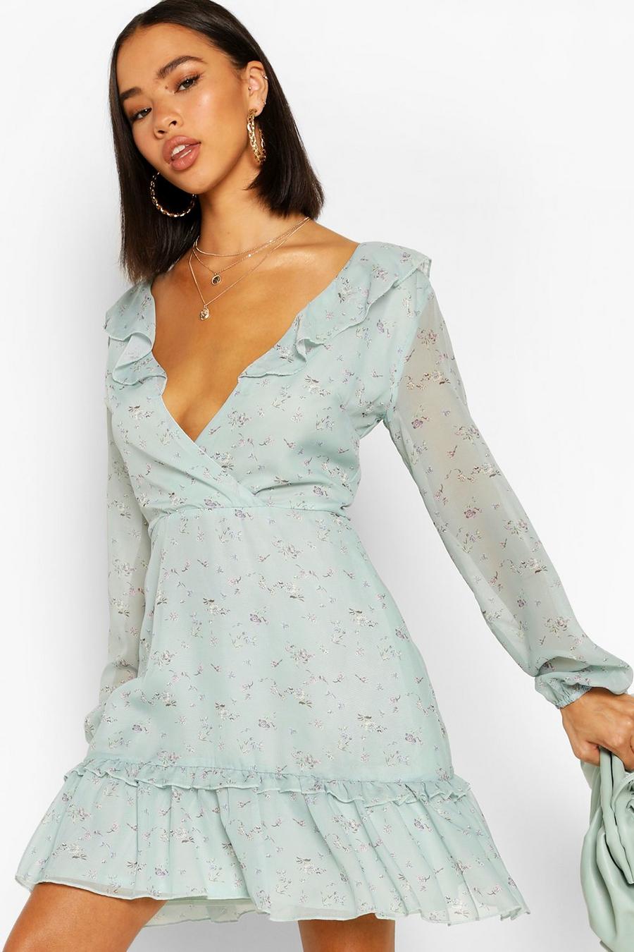 מרווה gerde שמלת סקייטר פרחונית עם שרוול ארוך ורצועות קשירה בגב בעיטור מלמלה  image number 1