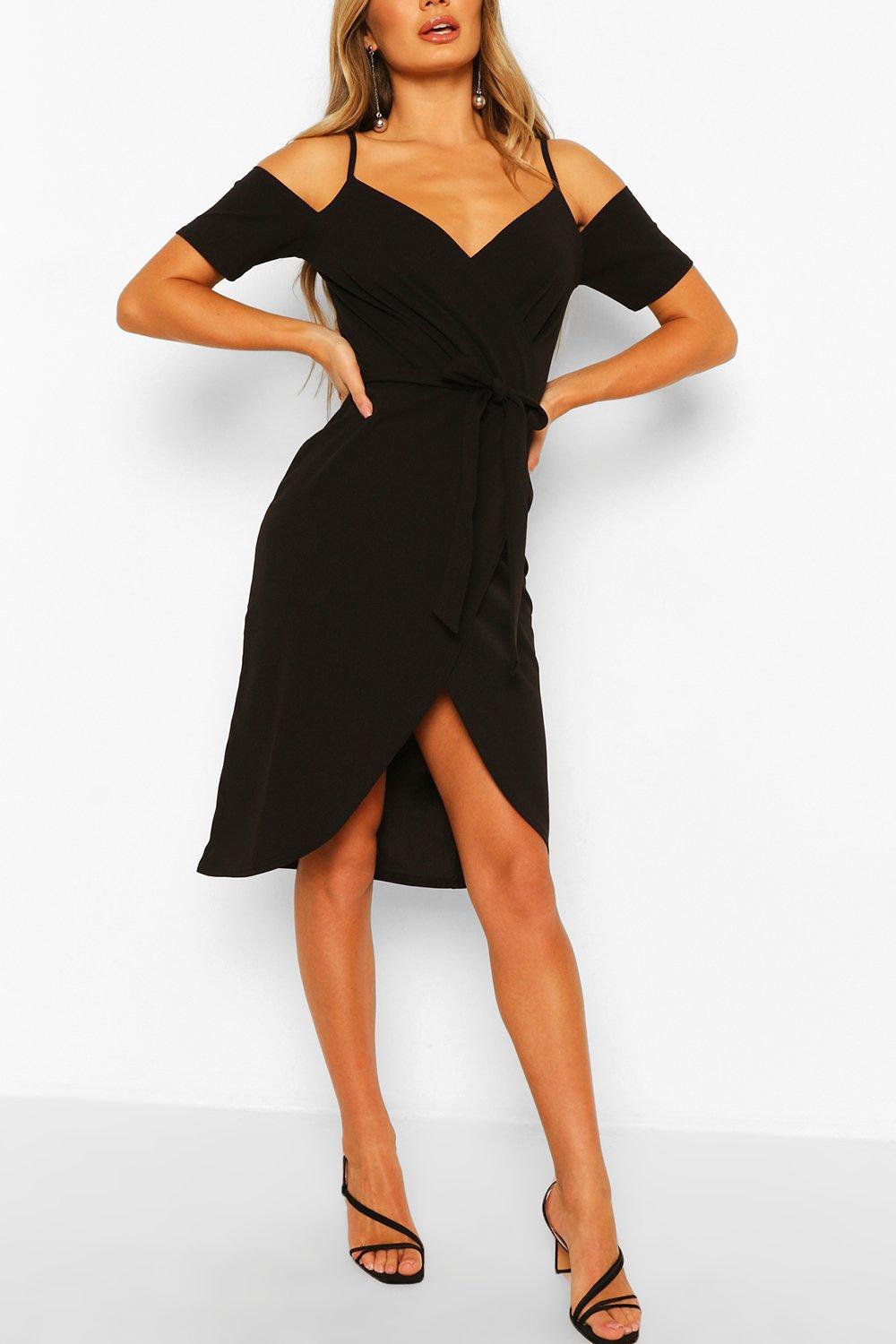 cold shoulder wrap midi dress