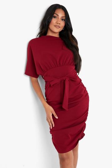 Wine Red Batwing Ruched Side Midi Dress
