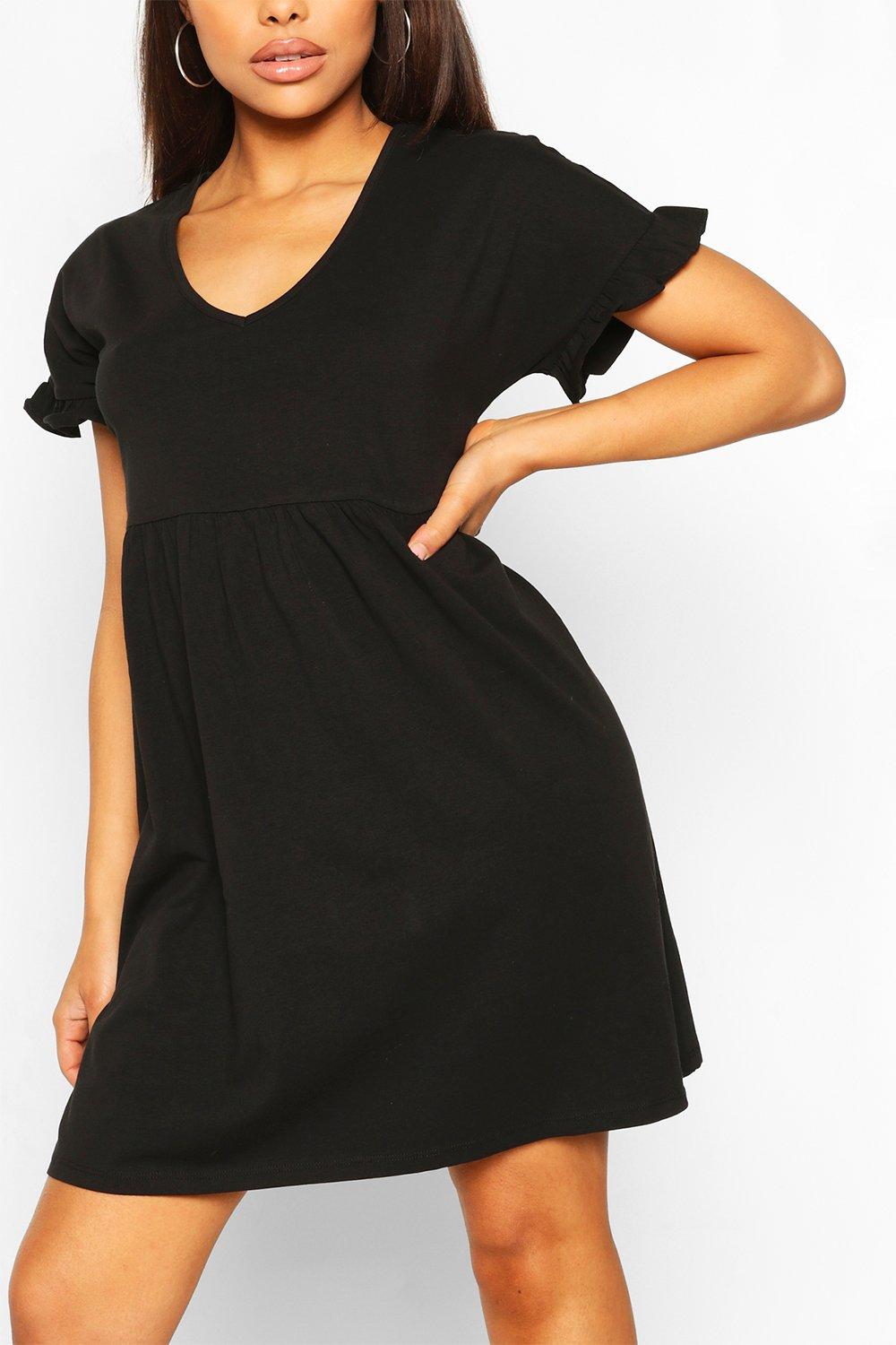 frill sleeve black dress