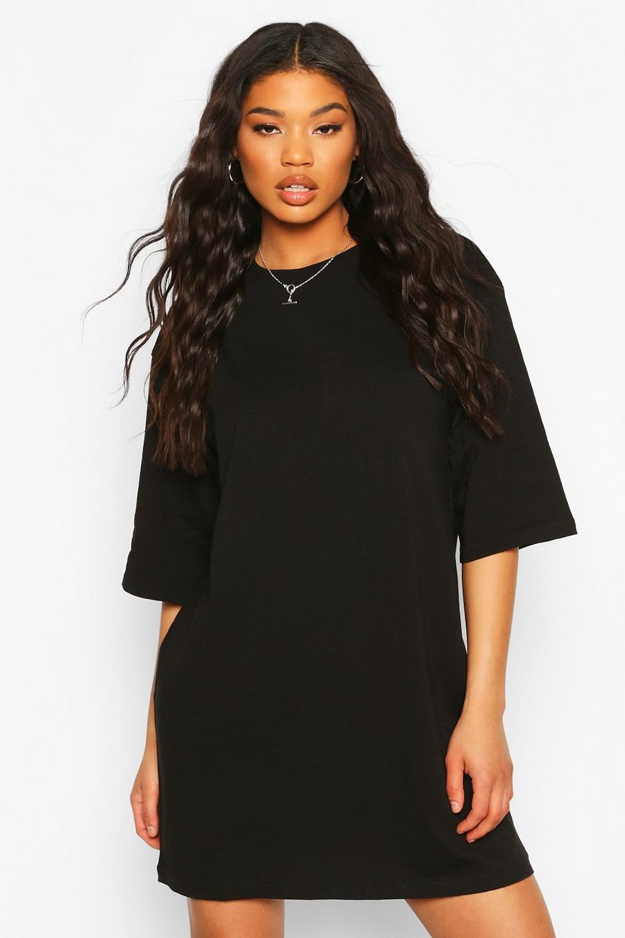 Black Basic Drop Shoulder Oversized T-Shirt Dress image number 1