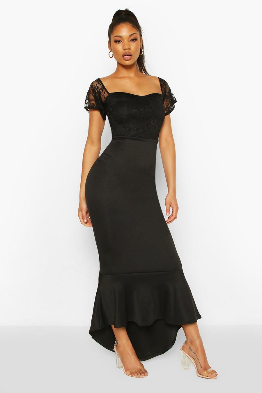 Lace Bardot Fishtail Maxi Dress, Black image number 1