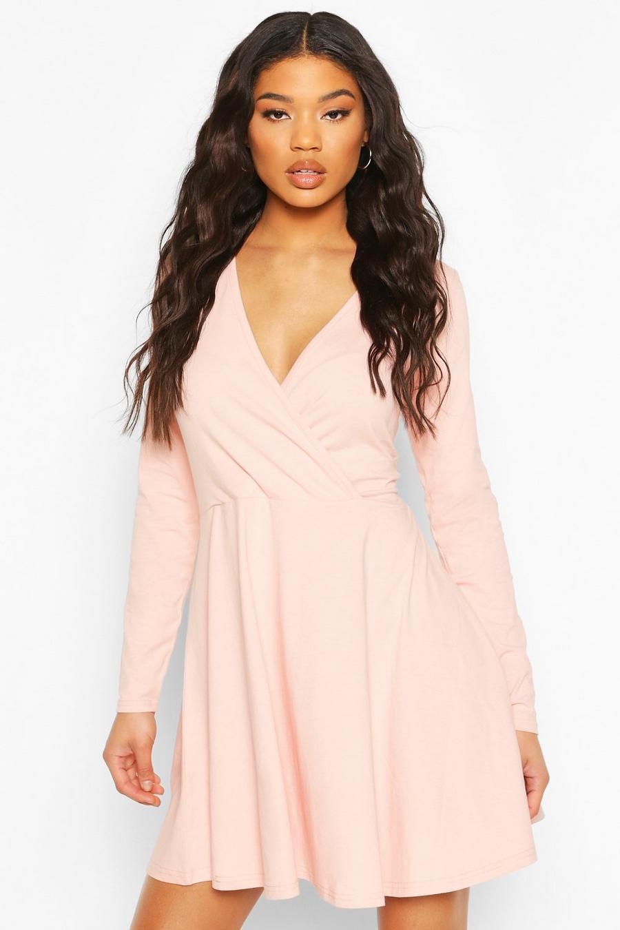 Blush pink Long Sleeve Wrap Front Skater Dress image number 1