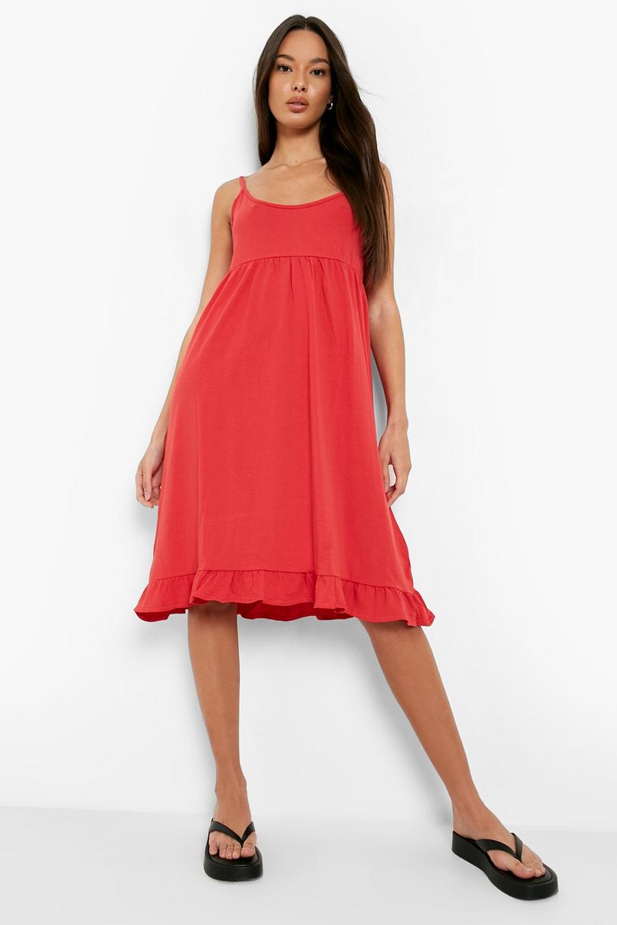 Red Basic Strappy Tiered Smock Dress image number 1