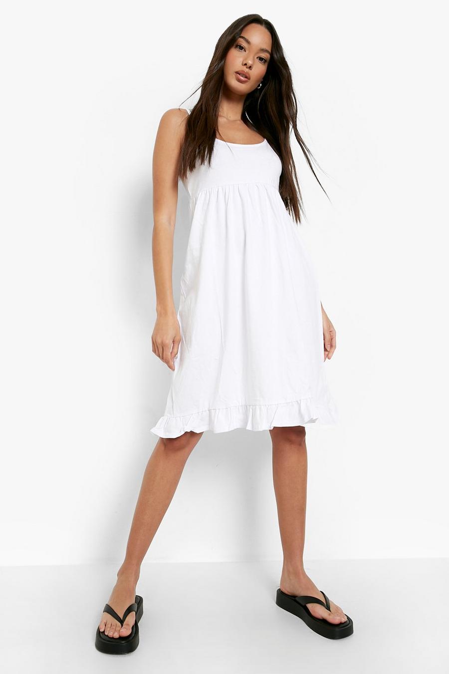 White Basic Strappy Tiered Smock Dress