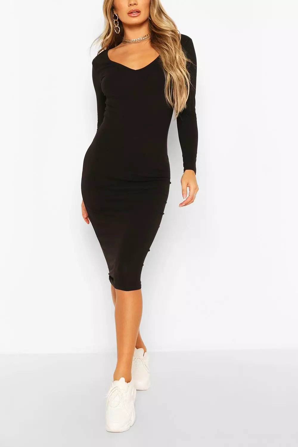 Basic Long Sleeve V Neck Bodycon Dress