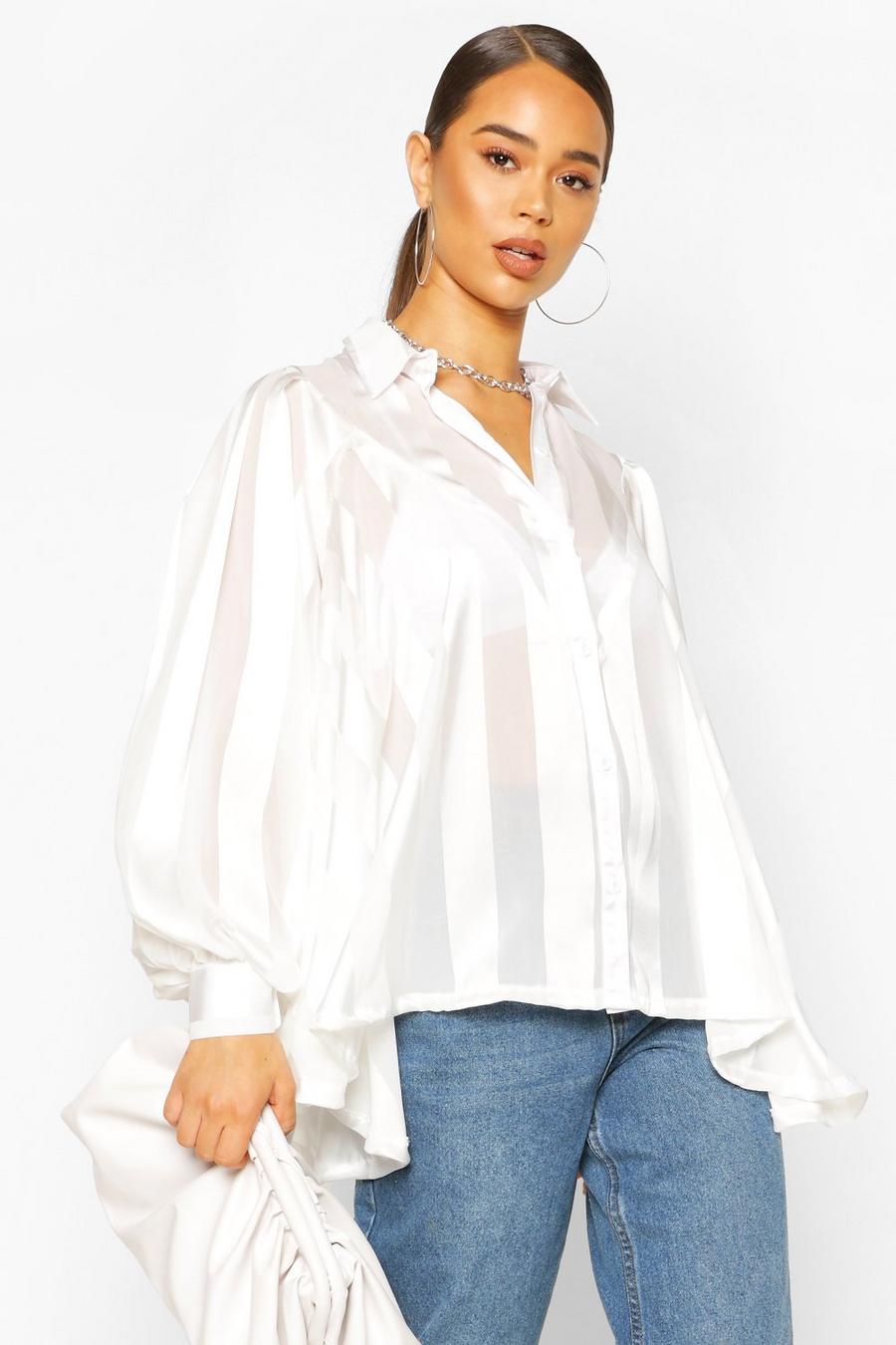 Ivoor Oversized blouse met satijnen strepen image number 1