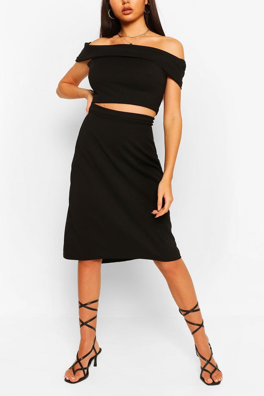 Conjunto de falda con bajo asimétrico y top estilo Bardot con capa superior, Negro image number 1