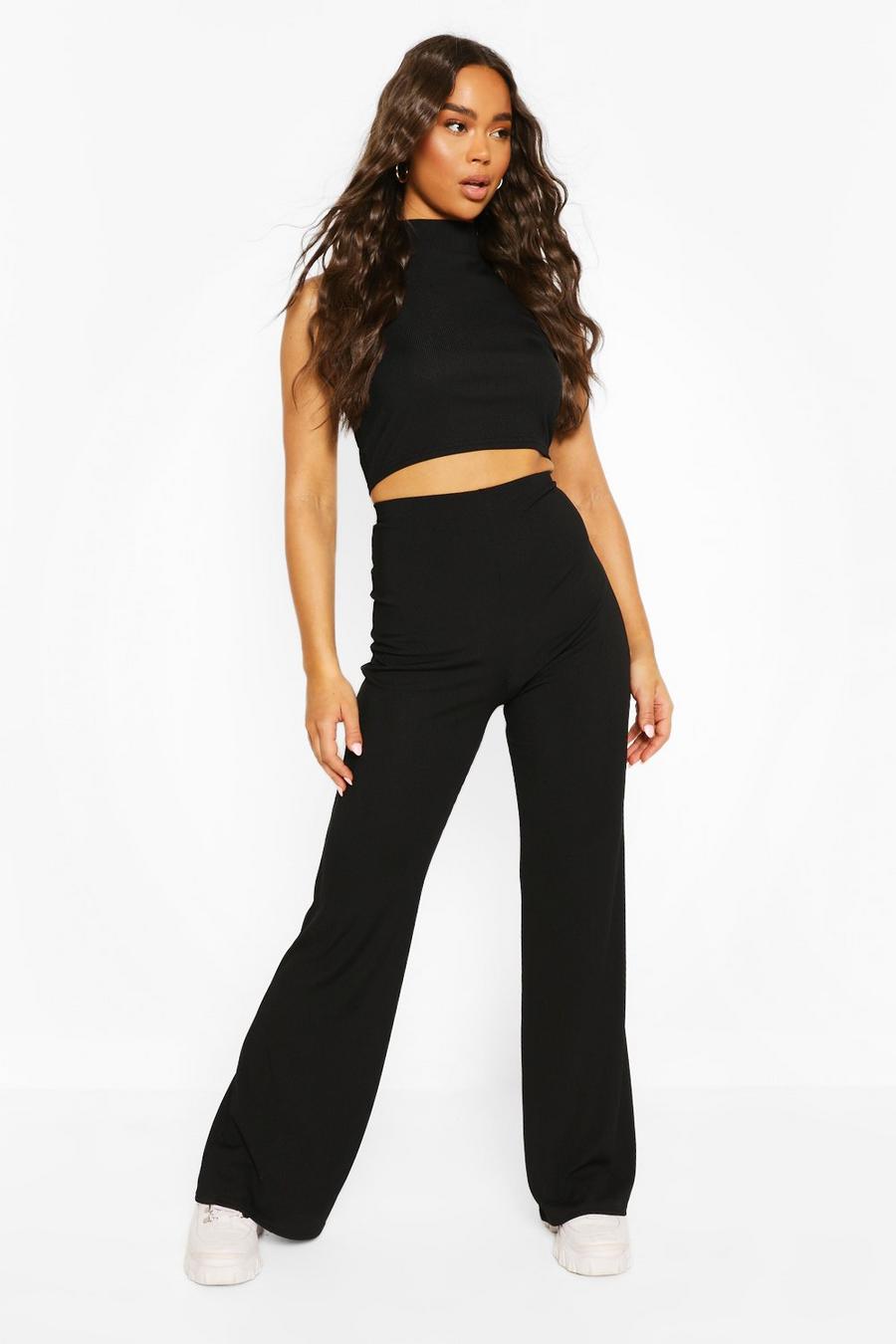 Ribbed High Neck Top & Flare Trouser Co-ord Set, Black negro image number 1