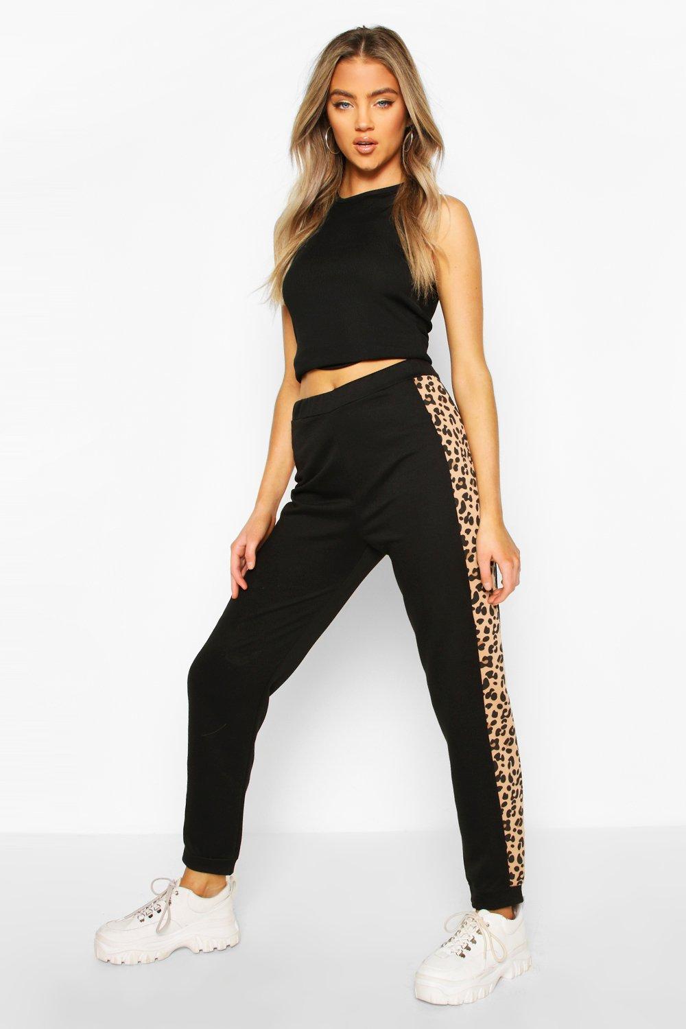 Black joggers best sale with leopard stripe