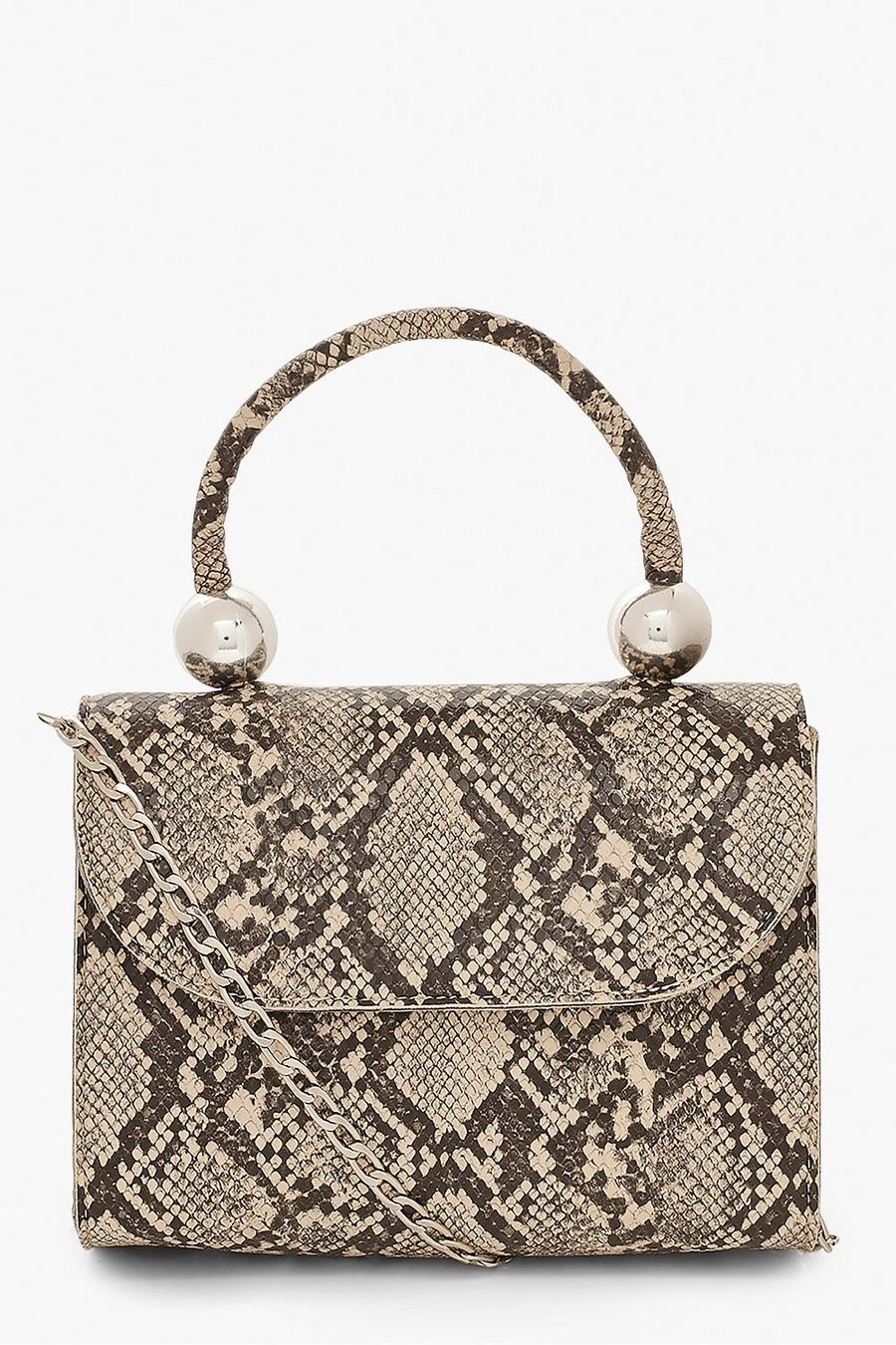Natural beige Snake PU Structured Handle Bag & Chain image number 1