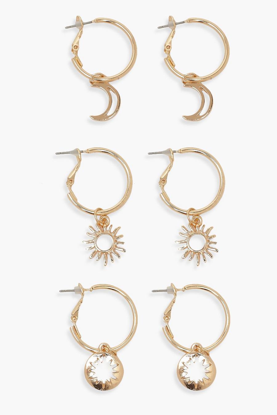 Gold metallic Star, Moon & Sun 3 Pack Hoop Earrings image number 1