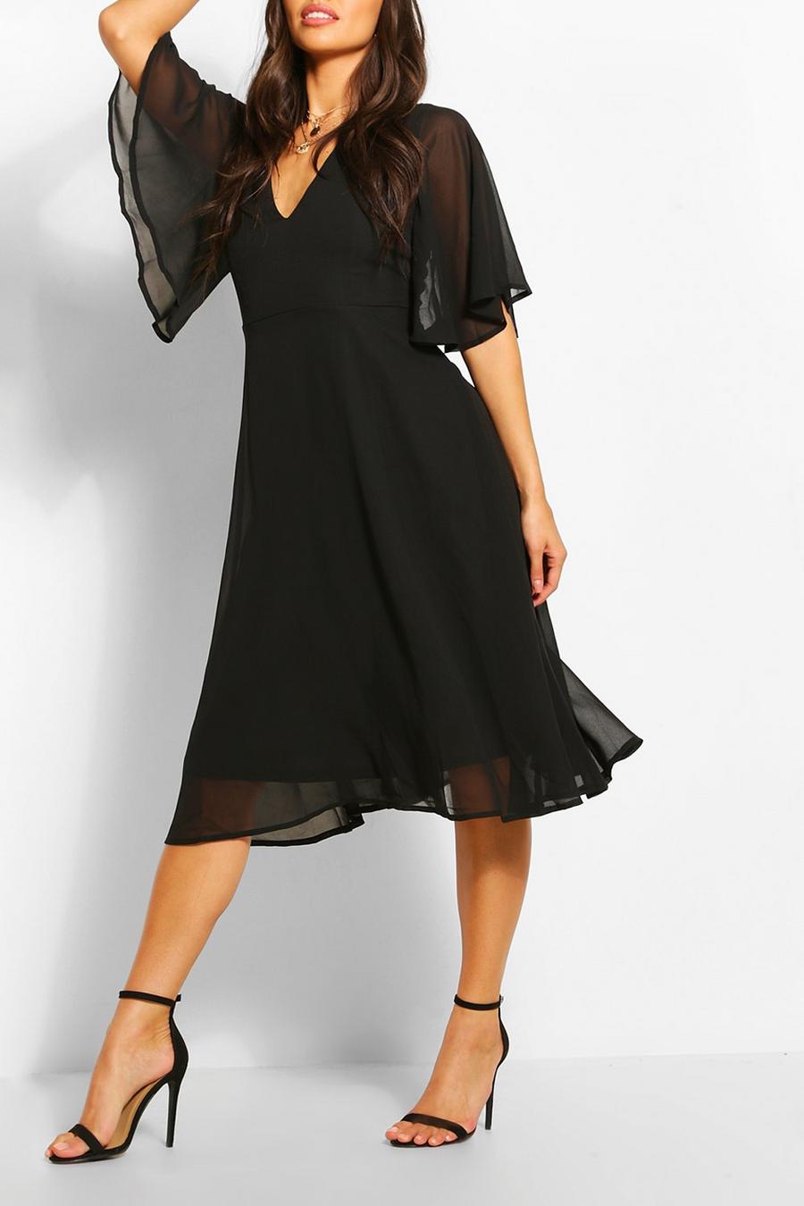 שחור שמלת סקייטר מידי עם שרוולי מלאך image number 1