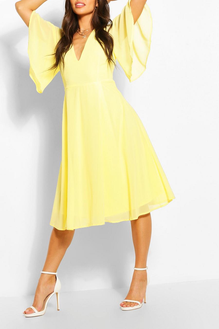 צהוב שמלת סקייטר מידי עם שרוולי מלאך image number 1