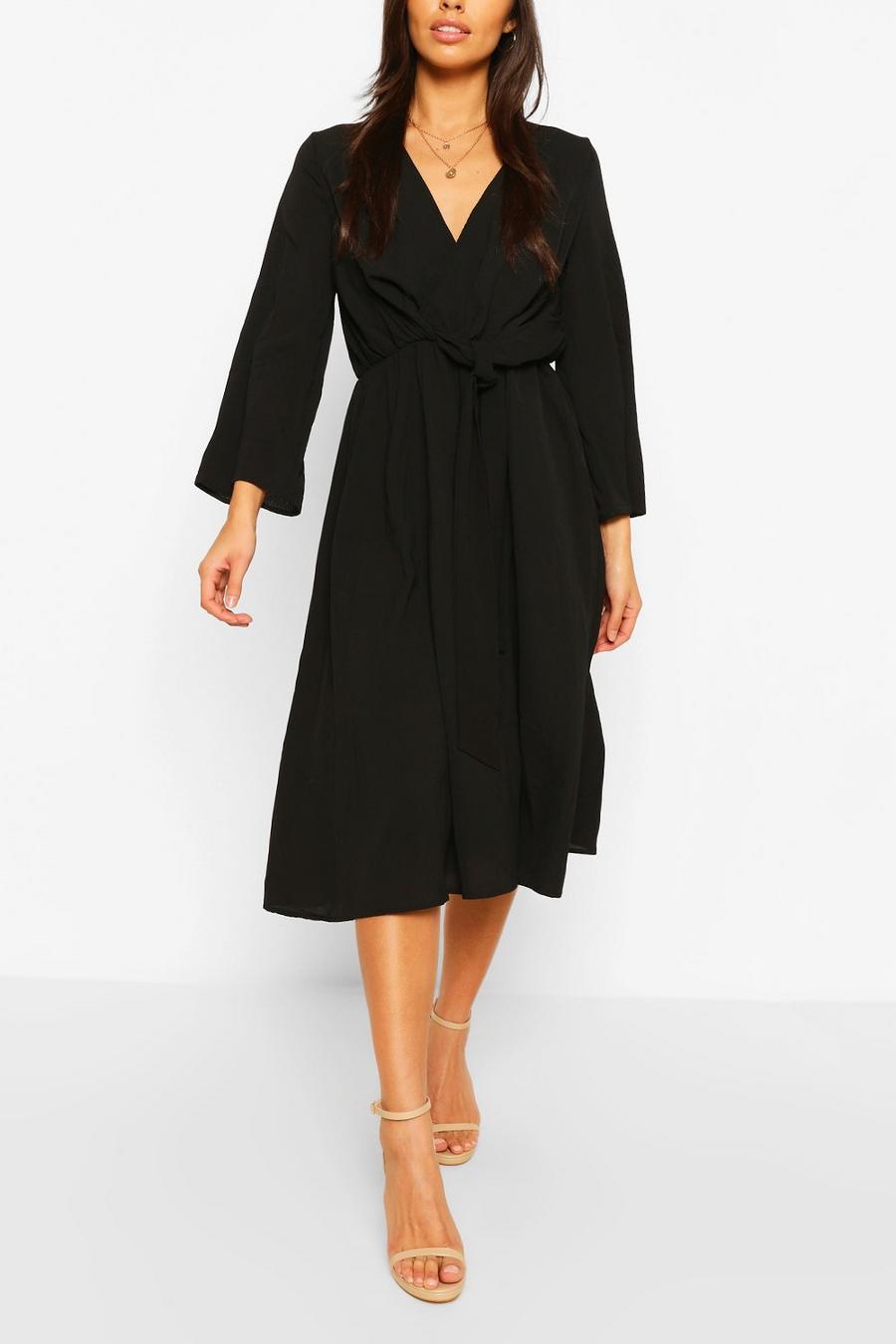 שחור שמלת סקייטר עם קשירה ושרוול מתרחב image number 1