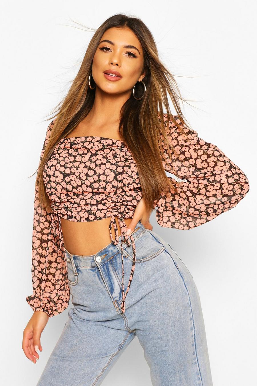 Woven Floral Ruched Front Crop Top image number 1