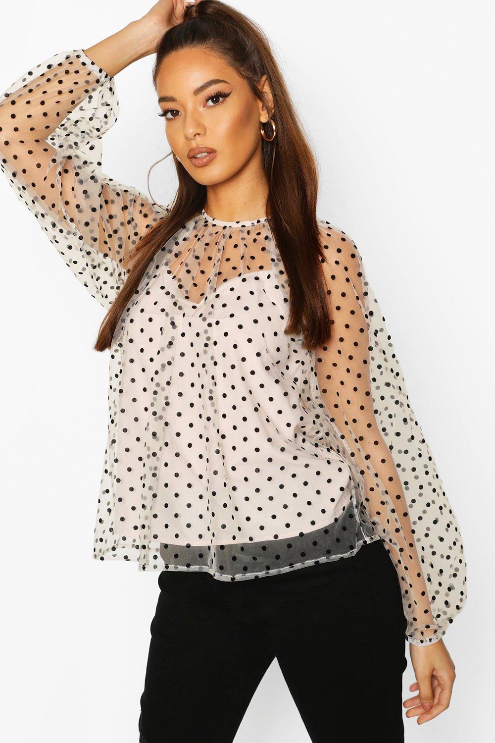 White mesh cheap polka dot top