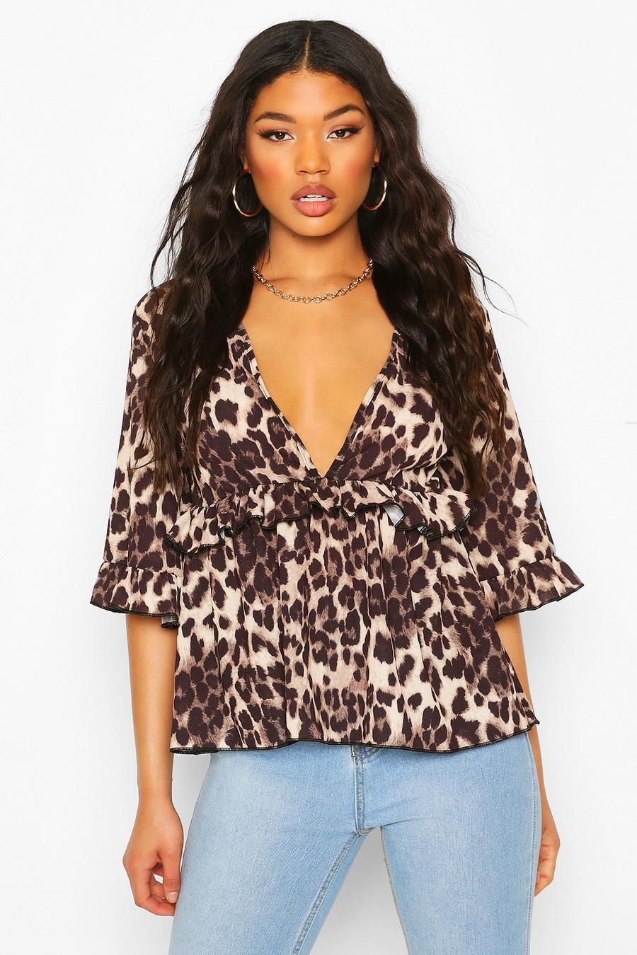 Brown Woven Leopard Smock Top image number 1