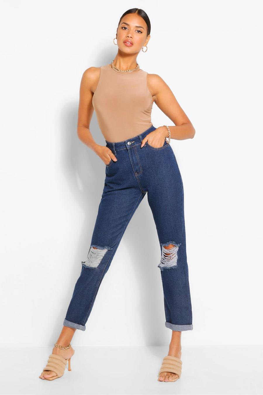 Mid blue High Rise Distressed Boyfriend Jeans image number 1