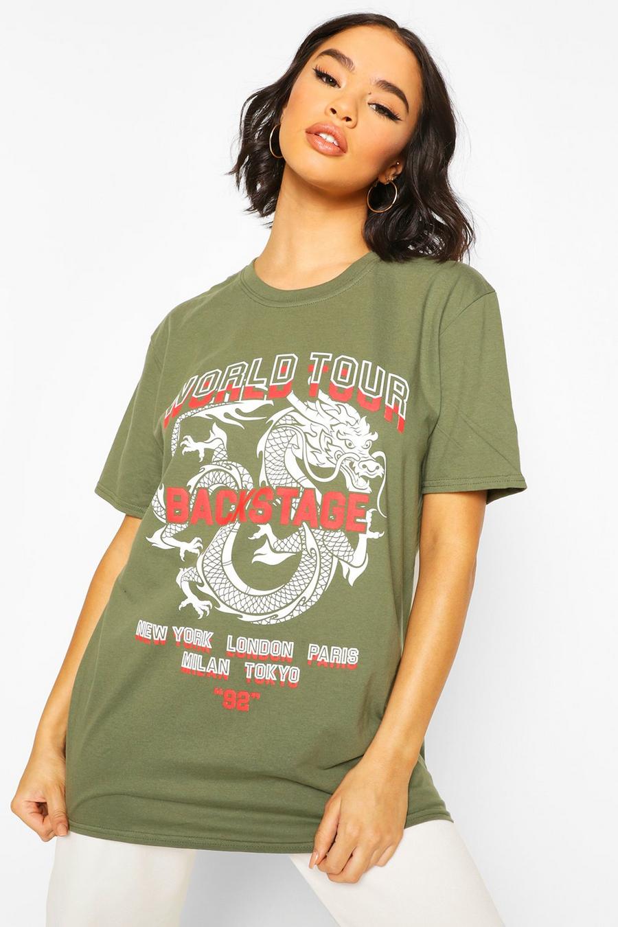 Camiseta ancha con estampado de dragón, Caqui image number 1