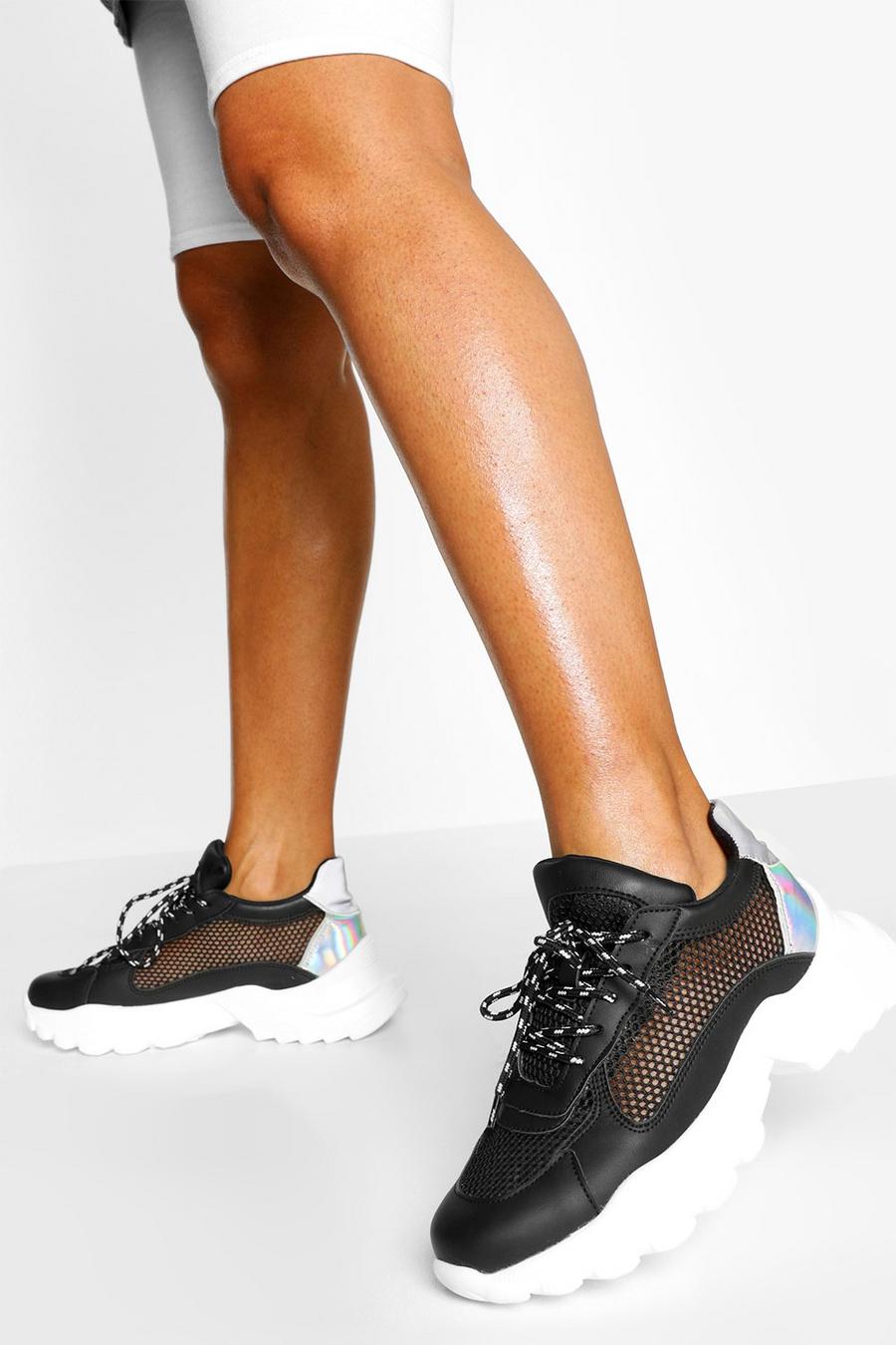 Black Chunky sneakers med räfflad sula och meshpaneler image number 1