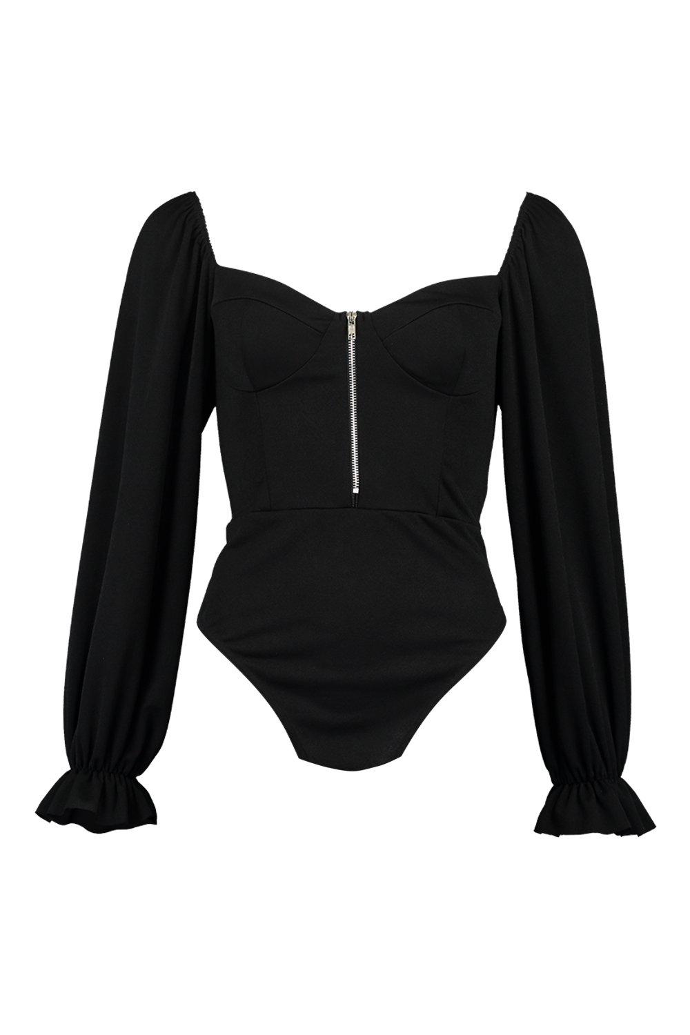 Black Rib Puff Long Sleeve Bodysuit