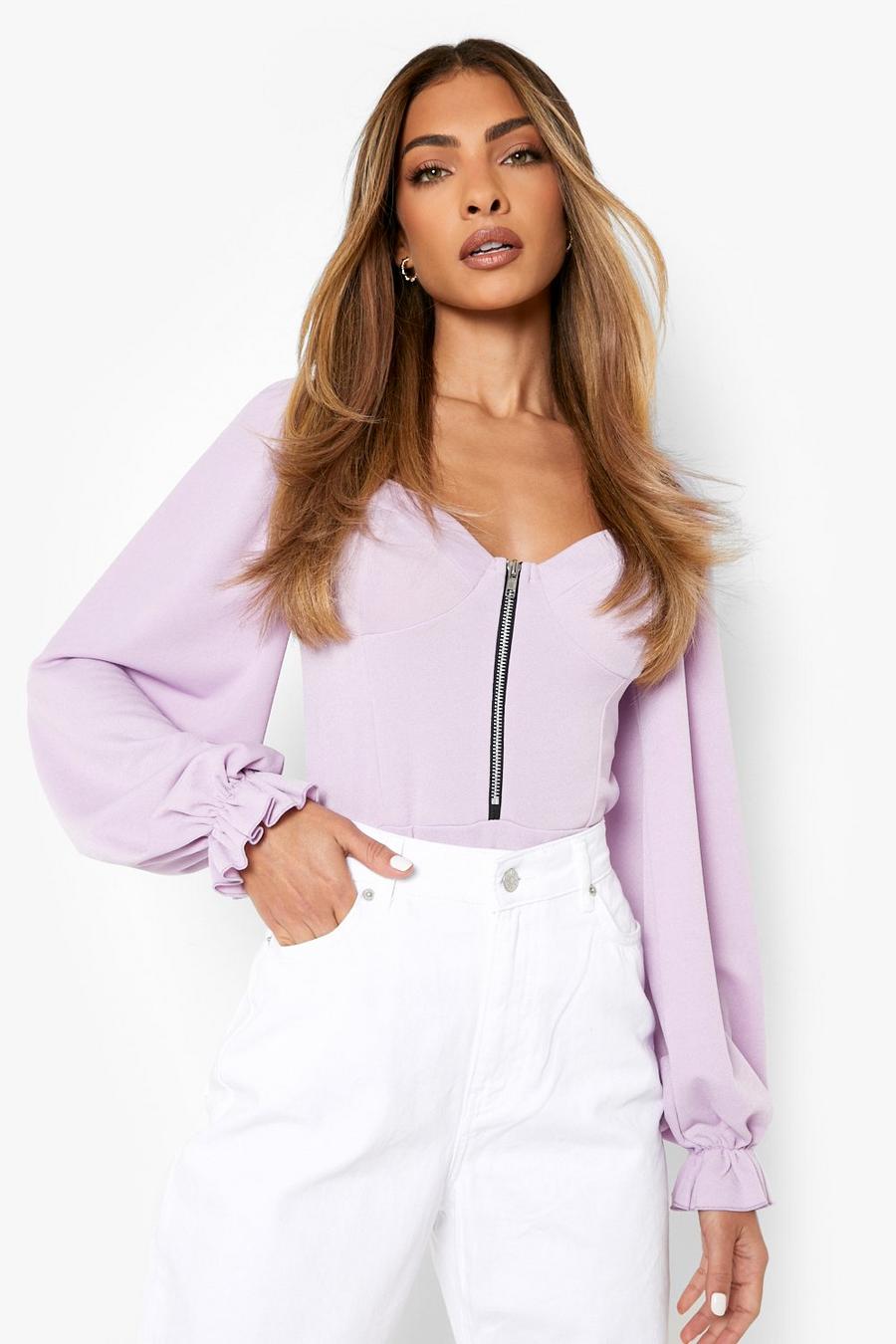 Lilac Zip Detail Volume Sleeve Bodysuit