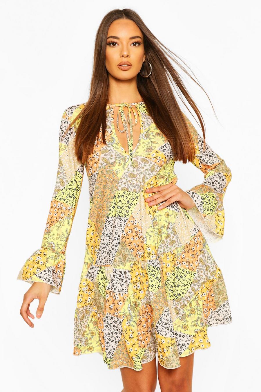 Yellow Patchwork Floral Tiered Gypsy Dress image number 1