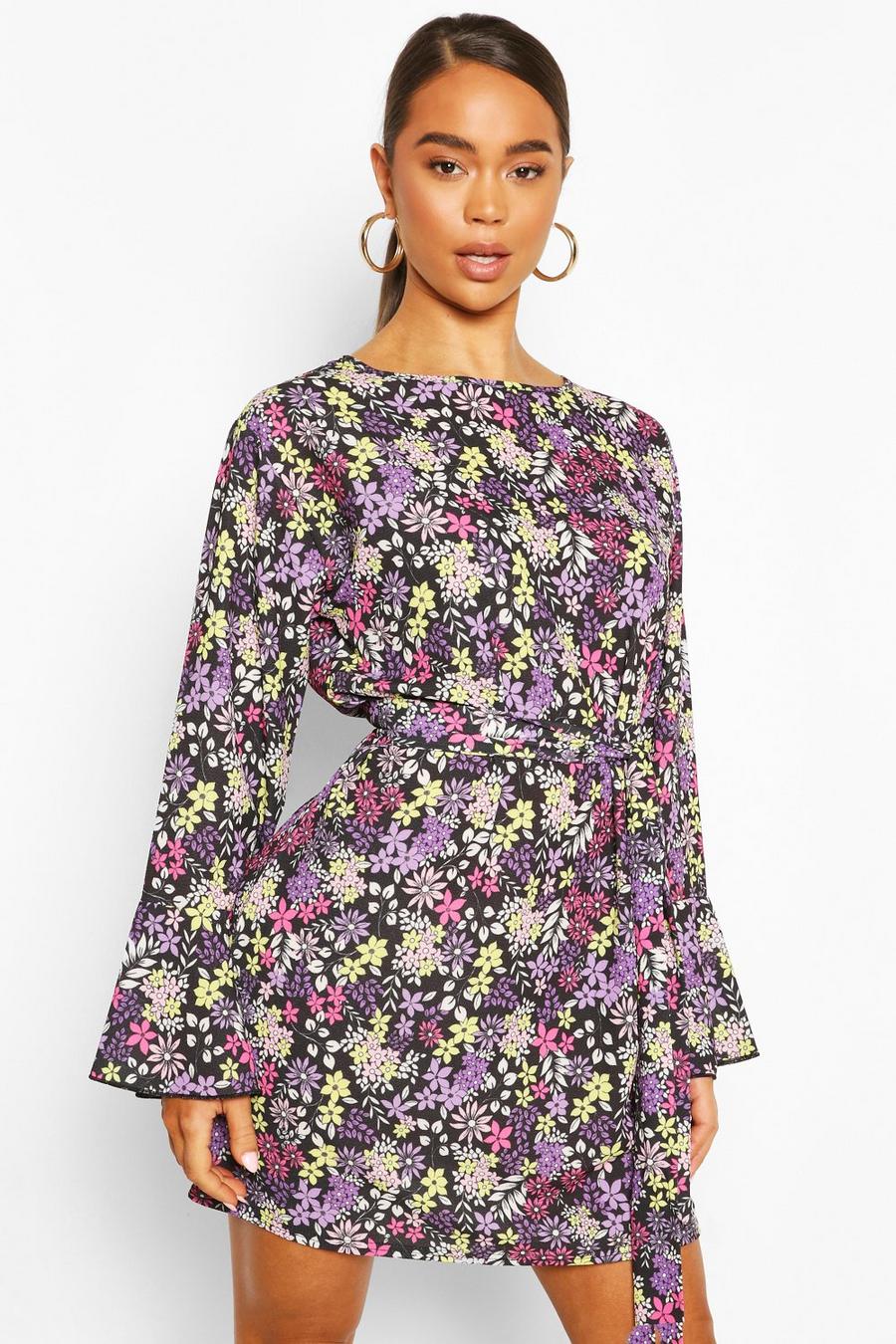 Floral Print Tie Front Dress With Frill Hem Sleeves image number 1