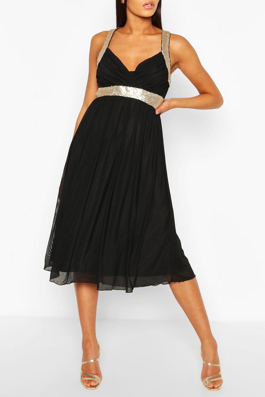Black Boutique Sequin Panel Mesh Midi Dress image number 1