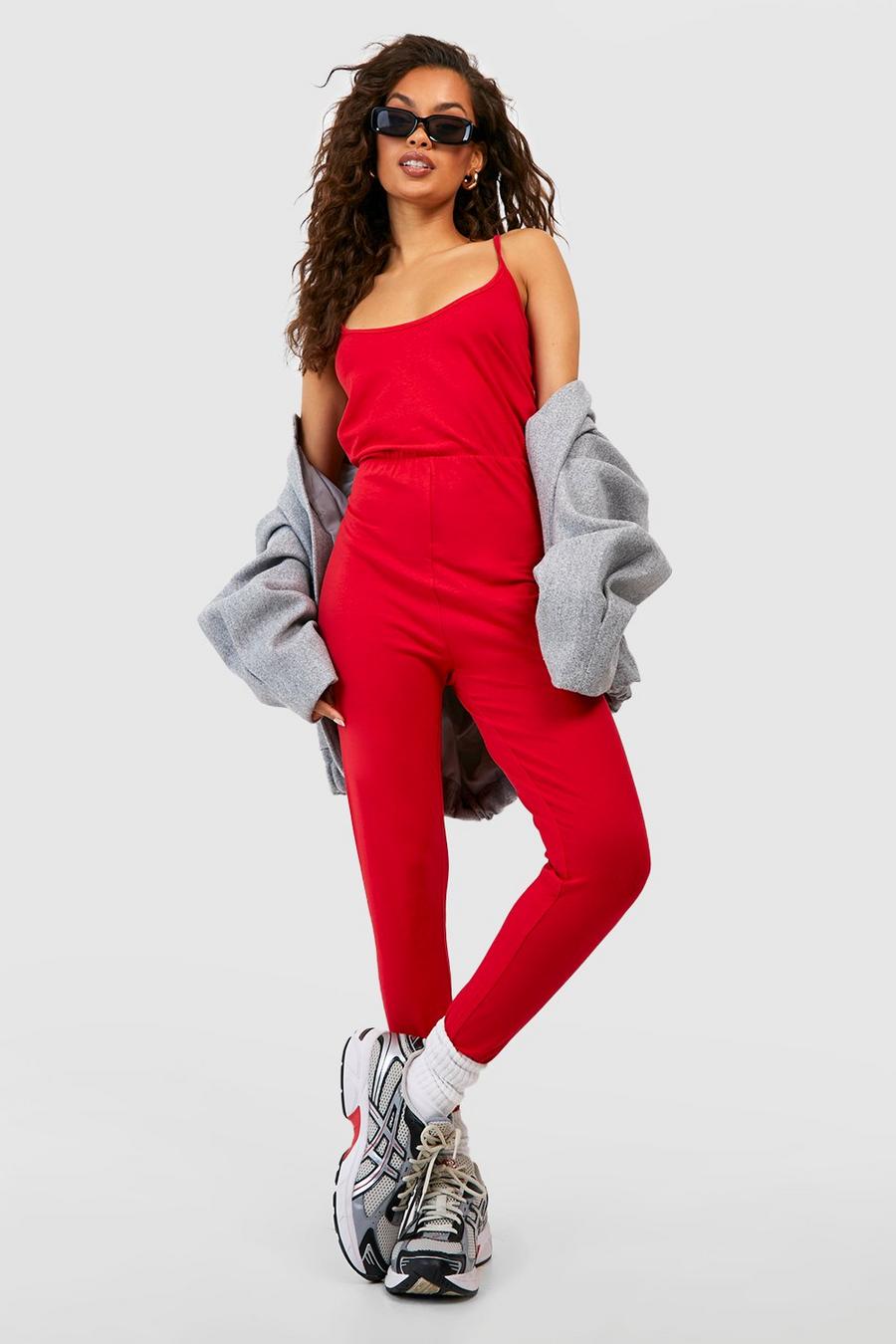 Red Basic Viscose Strappy Cami Jumpsuit