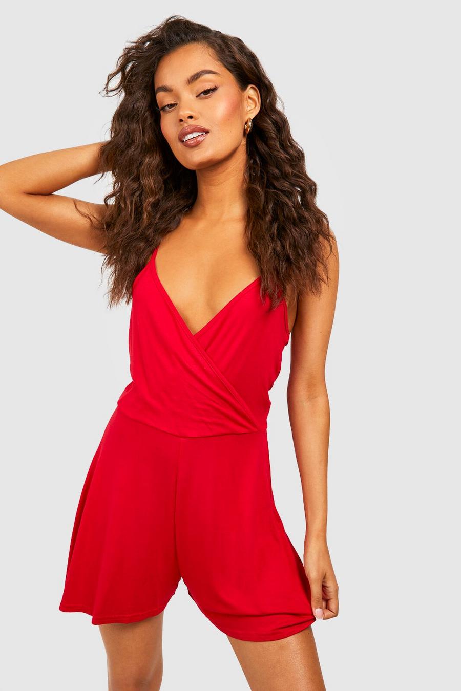 Red Basic Viscose Strappy Cami Playsuit image number 1