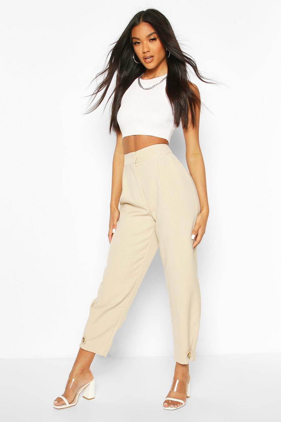 Ecru Button Front Tie Ankle Tailored Pants image number 1