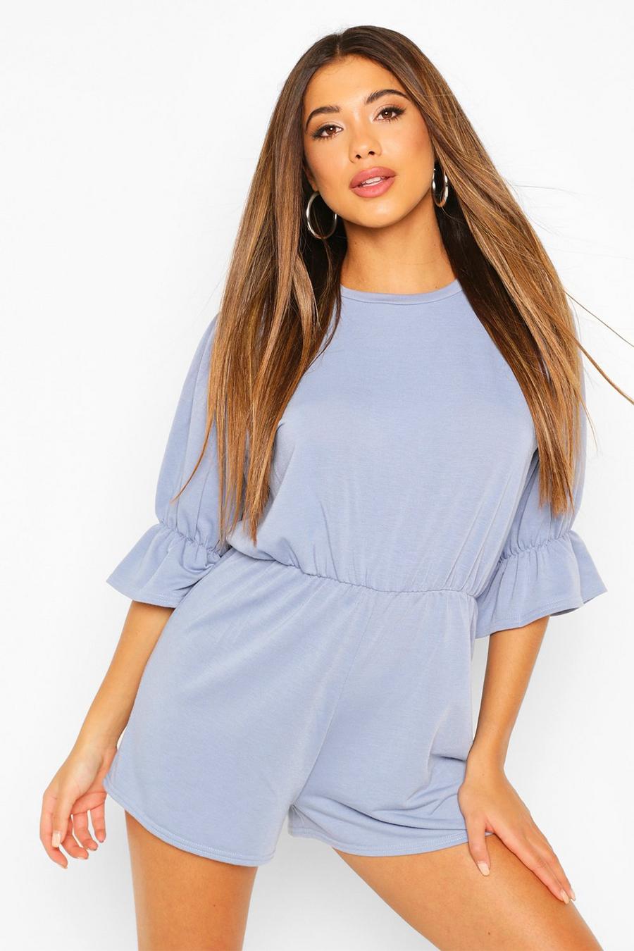Dusty blue Loopback Puff Sleeve Playsuit image number 1