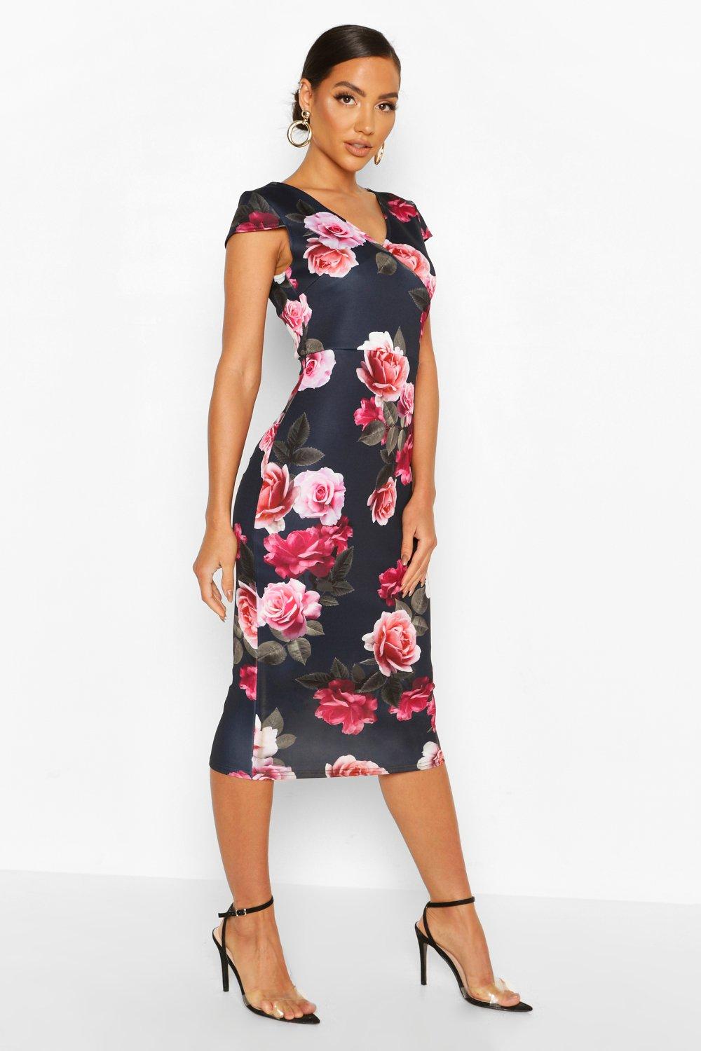 floral cap sleeve midi dress