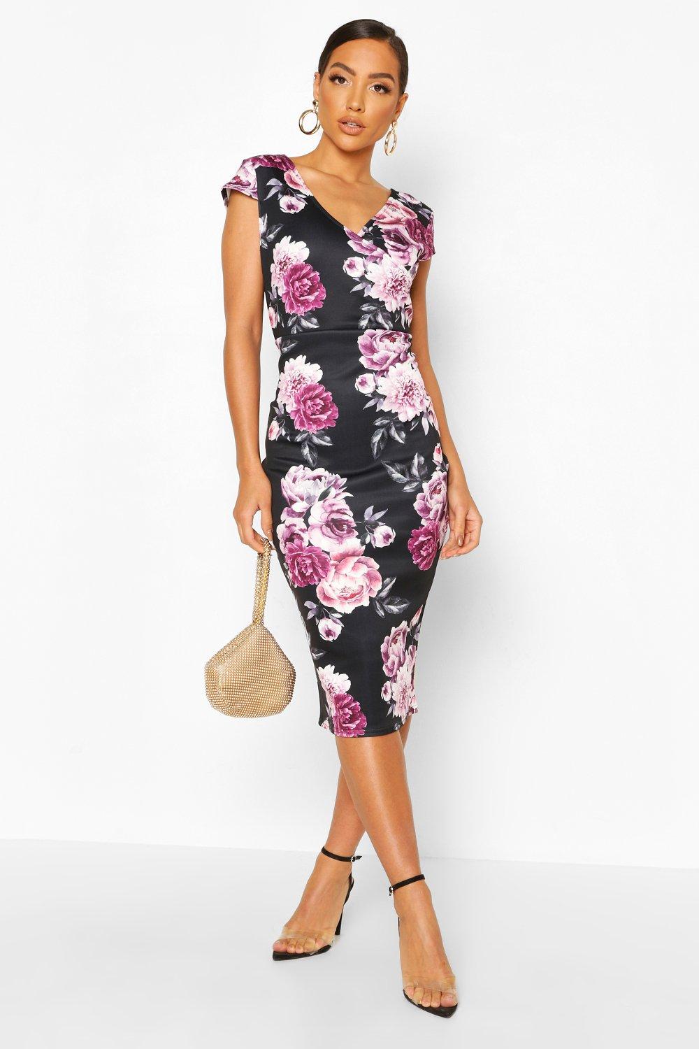 floral cap sleeve midi dress