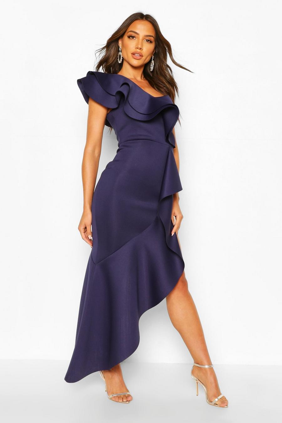 Navy One Shoulder Ruffle Detail Maxi Dress image number 1